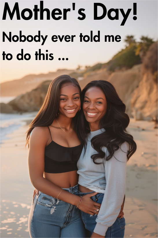 Black girl in wig posing with her mother at the beach