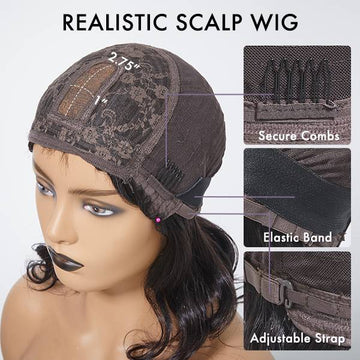 Mature Lady Short Loose Wave Minimalist Lace Shoulder Length Wavy Bob Wig with Bangs-02