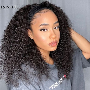 New Customers Only | Natural Black Jerry Curly No Lace Glueless Free Part Long Headband Wig 100% Human Hair (Get Free Trendy Headbands)-06