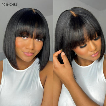 Subscribers Only | Put On and Go Realistic Glueless Yaki Straight Bob with Bangs Minimalist Lace Wig 100% Human Hair