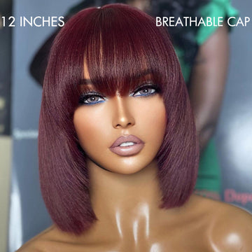 VIP ONLY | Put On and Go Reddish Purple / Brown Highlight / Natural Black Layered Cut Yaki Straight Minimalist Lace Bob Wig with Bangs