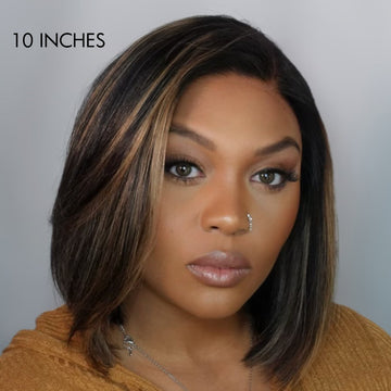 Exclusive Deal | Super Natural C Part Natural Black / Blonde Highlight Glueless Lace Bob Wig 100% Human Hair | Fits All Face Shapes