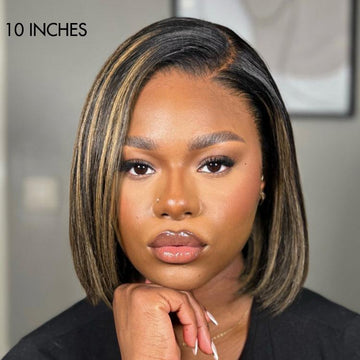 What it look like when women wearing 10 inches blonde highlight bob wig