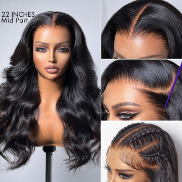 22-inch mid-part wig shown with full front view, natural hairline details, scalp parting, and braided styling close-ups.