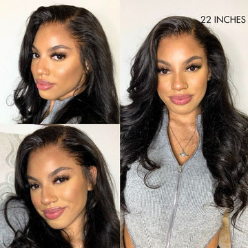 Model showcasing a 22-inch wig with a natural hairline, soft waves, and a sleek, middle-part design in three angles.