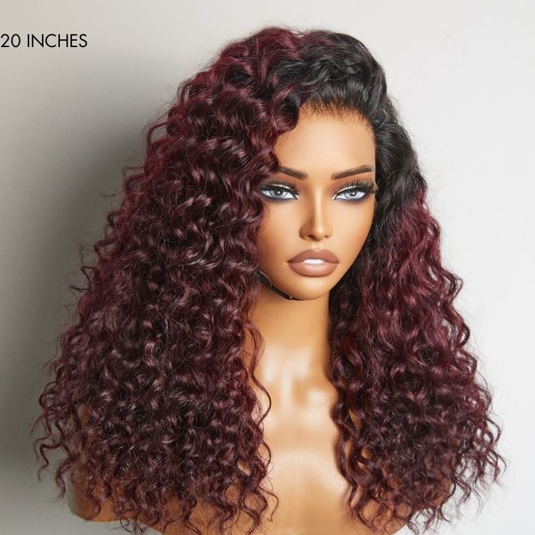 Pre-plucked Ombre Dark Burgundy 99J Water Wave Ear-to-ear Glueless 13x4 Frontal HD Lace Wig