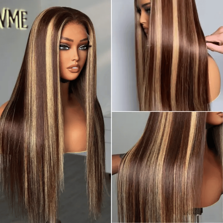 Honey Blonde Highlight Silky Straight Glueless 5x5 Closure HD Transparent Lace Long Wig