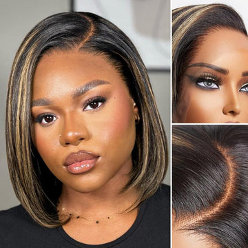 Lace front wig with highlighted straight bob style, featuring a natural hairline and realistic scalp parting