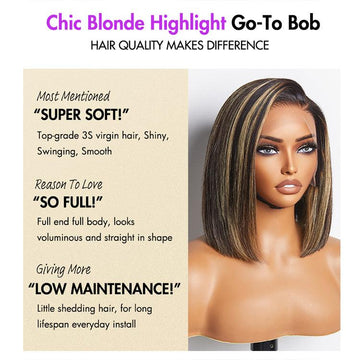 A mannequin wears a chic blonde highlight bob wig, described as super soft, full, and low maintenance on the left side.