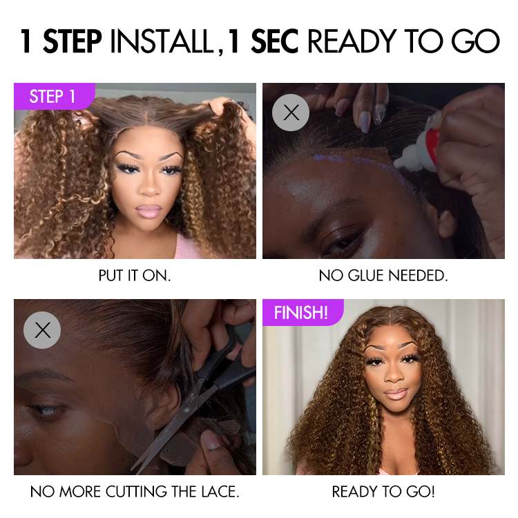 1 SEC INSTALL WIG | Honey Blonde Highlight Kinky Curly Glueless 5x5 Closure HD Lace Wig Breathable Cap