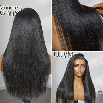 20-inch Yaki straight wig showcasing a natural, textured look with a soft shine, styled on a mannequin for a realistic appearance.