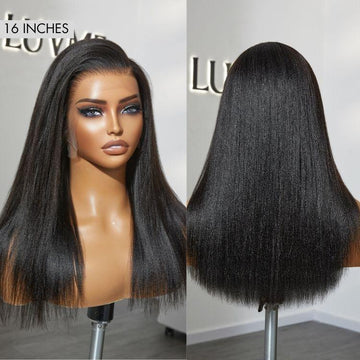 16-inch Yaki straight Lace Front wig with a natural, textured finish, styled on a mannequin for a sleek and realistic look.