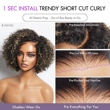 Exclusive Sale | Trendy Short Cut Curly Minimalist HD Lace Glueless Side Part Wig 100% Human Hair