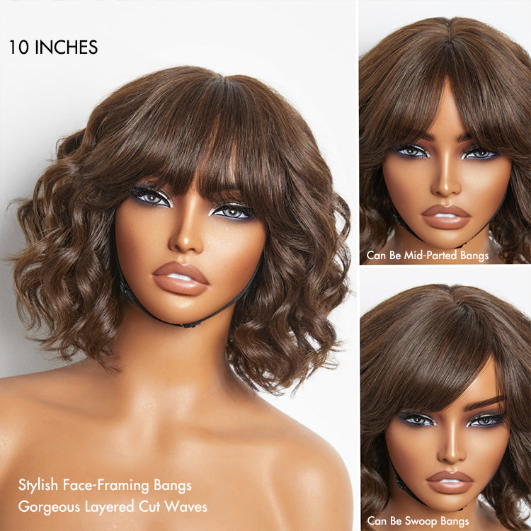 Beginner Friendly Brown Loose Wave Glueless Minimalist Lace Shoulder Length Wavy Bob Wig with Bangs