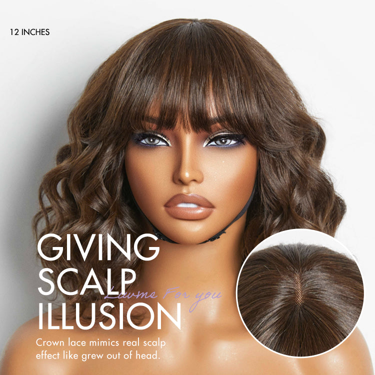 Beginner Friendly Brown Loose Wave Glueless Minimalist Lace Shoulder Length Wavy Bob Wig with Bangs
