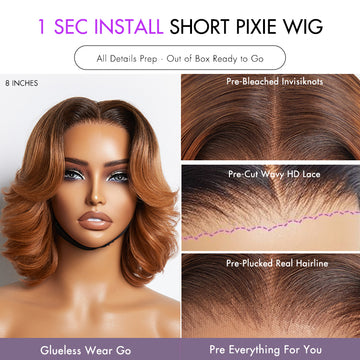 Subscribers Only | 1 SEC INSTALL WIG | Elegant Boss Vibe Short Pixie Cut Natural Black / Ombre Brown Glueless Minimalist HD Lace Wig Ready to Go