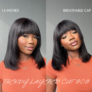 VIP ONLY | Put On and Go Reddish Purple / Brown Highlight / Natural Black Layered Cut Yaki Straight Minimalist Lace Bob Wig with Bangs