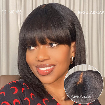 VIP ONLY | Put On and Go Reddish Purple / Brown Highlight / Natural Black Layered Cut Yaki Straight Minimalist Lace Bob Wig with Bangs