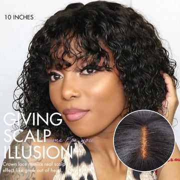 Exclusive Sale | Beginner Friendly Water Wave Minimalist Lace Glueless Short Wig with Bangs Breathable Cap