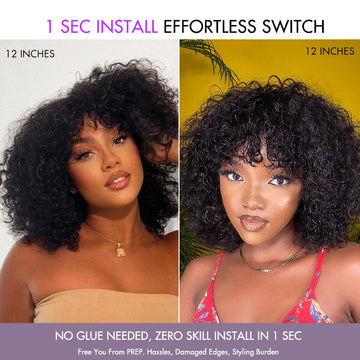 Exclusive Sale | Beginner Friendly Water Wave Minimalist Lace Glueless Short Wig with Bangs Breathable Cap