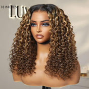 Ombre brown lace front wigs with blonde highlight - Deep wave texture, 18 inches