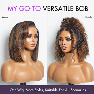 Versatile bob wig with a natural brown highlight, restyleable for sleek straight or wavy looks, perfect for any occasion