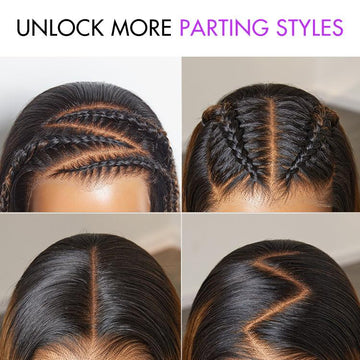 Lace front wig showcasing versatile parting styles, including straight, zigzag, and braided patterns, for customizable looks.