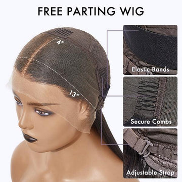 Detailed diagram of a free parting wig, highlighting features such as a 13"x4" lace front area for versatile styling, elastic bands for a secure fit, secure combs for stability, and an adjustable strap for customizable sizing.