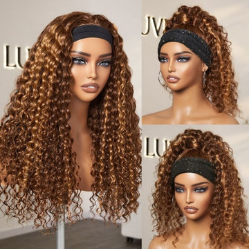 New Customers Only | Black / Brown Highlight Deep Wave Headband Wig (Get Free Trendy Headbands)-15