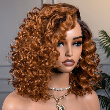 New Customers Only | Ginger Ombre Bouncy Curly Glueless Minimalist HD Lace Short Wig 100% Human Hair-15