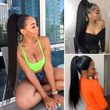 A group photo of 3 black women wearing 28-inch ponytail wigs