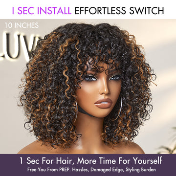 Exclusive Sale | Beginner Friendly Water Wave Minimalist Lace Glueless Short Wig with Bangs Breathable Cap
