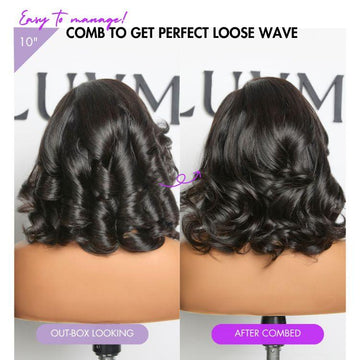 10" lace front wig, tight wave before combing, loose natural waves after combing.
