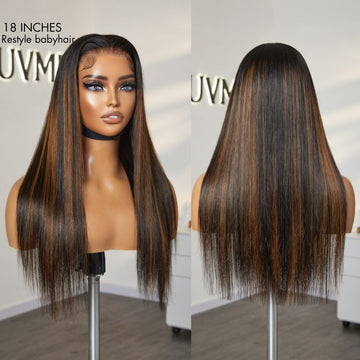 The front and back view of 18 Inches brown highlight silky straight lace front wig