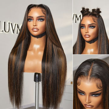 Three views of a Brown Highlight lace front wig showcasing its sleek, straight texture, natural hairline, and versatile styling options, including a full frontal view, a styled top bun, and a close-up of the parting.