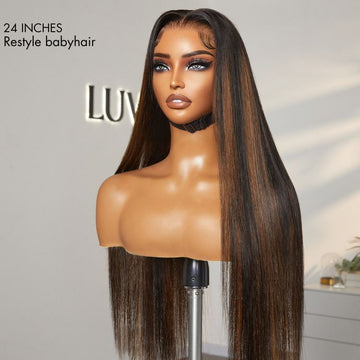 Front view of brown highlight human hair lace front wig, silky straight, middle part, 24 Inches