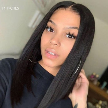 lady wearing a 14 Inches lace front wigs, silky straight, middle parting style