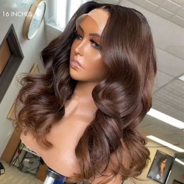 Chestnut Brown Loose Wave 5x5 Closure Lace Glueless Mid Part Long Wig 100% Human Hair