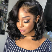 Black women wearing black body wave lace front wig styled with baby hair, featuring a natural look and side part design