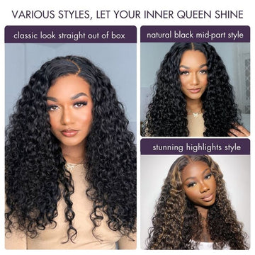 Three women showcase deep wave wigs in classic, natural black mid-part, and stunning highlights styles for versatile looks