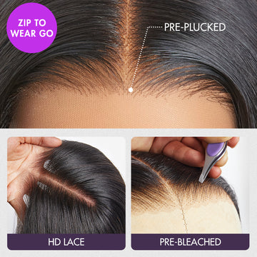 Close-up of a wig with pre-plucked hairline, HD lace, and pre-bleached knots for a natural and ready-to-wear look.