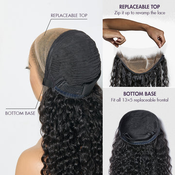 Wig cap with replaceable lace top and bottom base, showing how to zip and fit 13x5 frontal lace for easy revamp