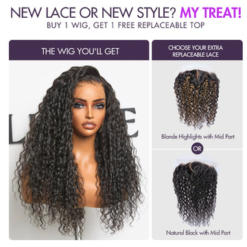Deep wave wig with natural black color, plus a free replaceable lace top in blonde highlights or natural black, mid part