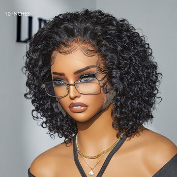 10-inch curly wig featuring a natural, soft texture with defined curls. The wig includes a lace front for a realistic hairline, styled baby hairs, and a wet-look finish.