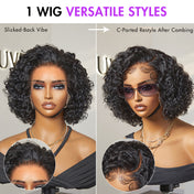 short curly lace front wig with versatile styles, featuring a slicked-back look and a C-parted restyle.