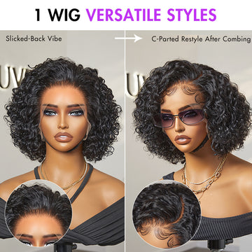 short curly lace front wig with versatile styles, featuring a slicked-back look and a C-parted restyle.
