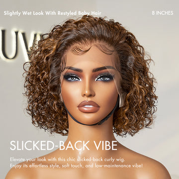 A mannequin displays an 8-inch curly lace front wig with a slightly wet look and restyled baby hair, slicked-back style.