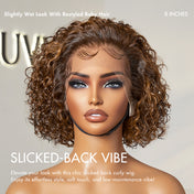 Special Deal | Brown Highlight / Jet Black Short Cut Slicked Back Curly Ear-to-ear Wide T Lace Wig
