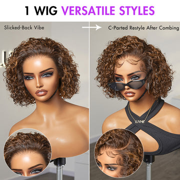 Mannequin shows 8-inch lace front wig in slicked-back and C-parted styles, highlighting its versatile curly look.