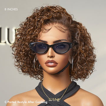 Model wears 8-inch curly lace front wig in a C-parted style, showing natural hairline and defined baby hairs.